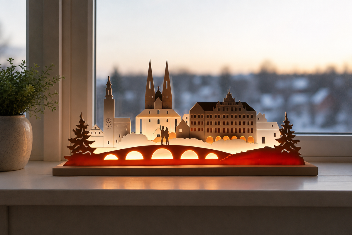 Lichterbogen Görlitz am Fenster in der Abenddämmerung